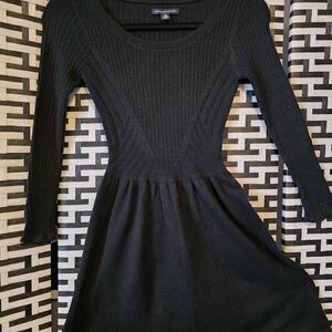 American Eagle Rib Knit Fit & Flare Sweater Dress | Black Long Sleeve Knit Dress